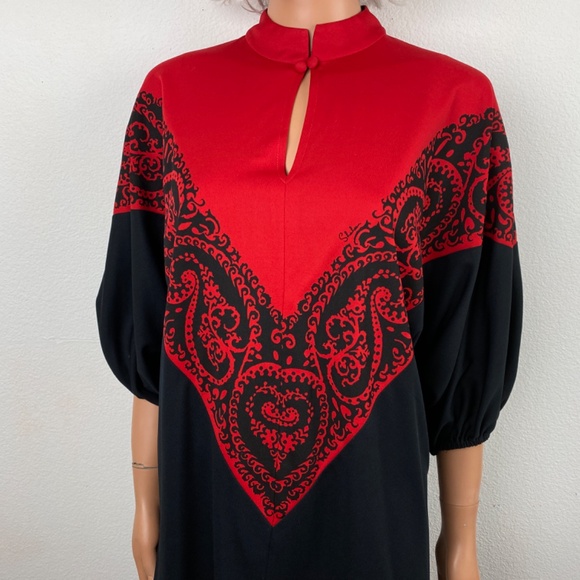 Vintage 70s Miss Shaheen Pant Set Medium Bold Red & Black Tunic Wide Leg Pants - Picture 2 of 13